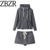 Zbzr Autumn New Women Clothes Drawstring Zip-up Stand Collar Hoodie Cargo Culottes 4341724 4391521