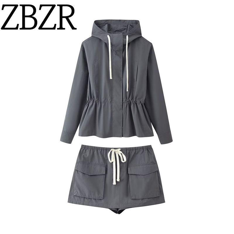 Zbzr Autumn New Women Clothes Drawstring Zip-up Stand Collar Hoodie Cargo Culottes 4341724 4391521