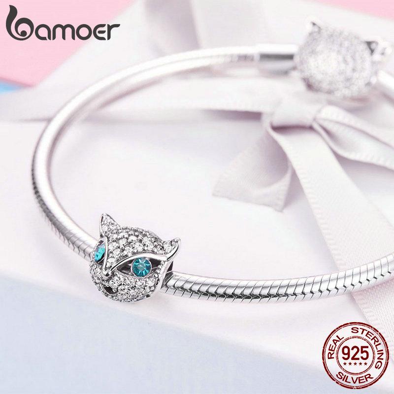 BAMOER High Quality Authentic 925 Sterling Silver Kitten Cat Fox Shape Charms Clear CZ Beads