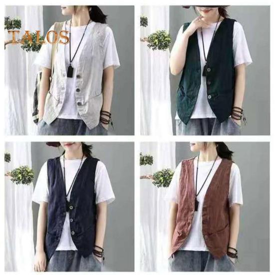 Lady Coat V Neck Single-breasted Sleeveless Solid Color Button Closure Retro Cardigan Waistcoat Daily Wear Casual Vest Top