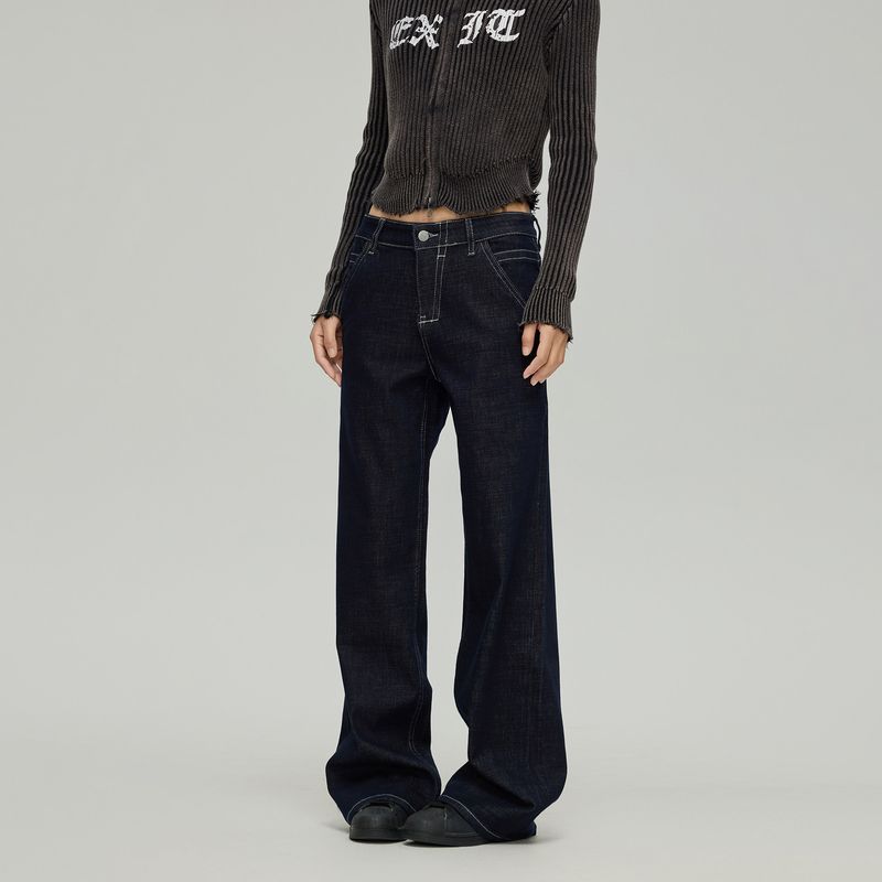 Black of Exit American-Style Raw Denim Curved-Leg Pants for Couples, High Street Loose Fit, Slimming High-Waisted Autumn and Winter Jeans, Trendy