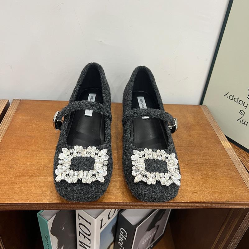 Inner heightening woolen rhinestone square buckle soft-soled Mary Jane shoes 2025 new Mao Mao Doudou shoes flat single shoes women's shoes