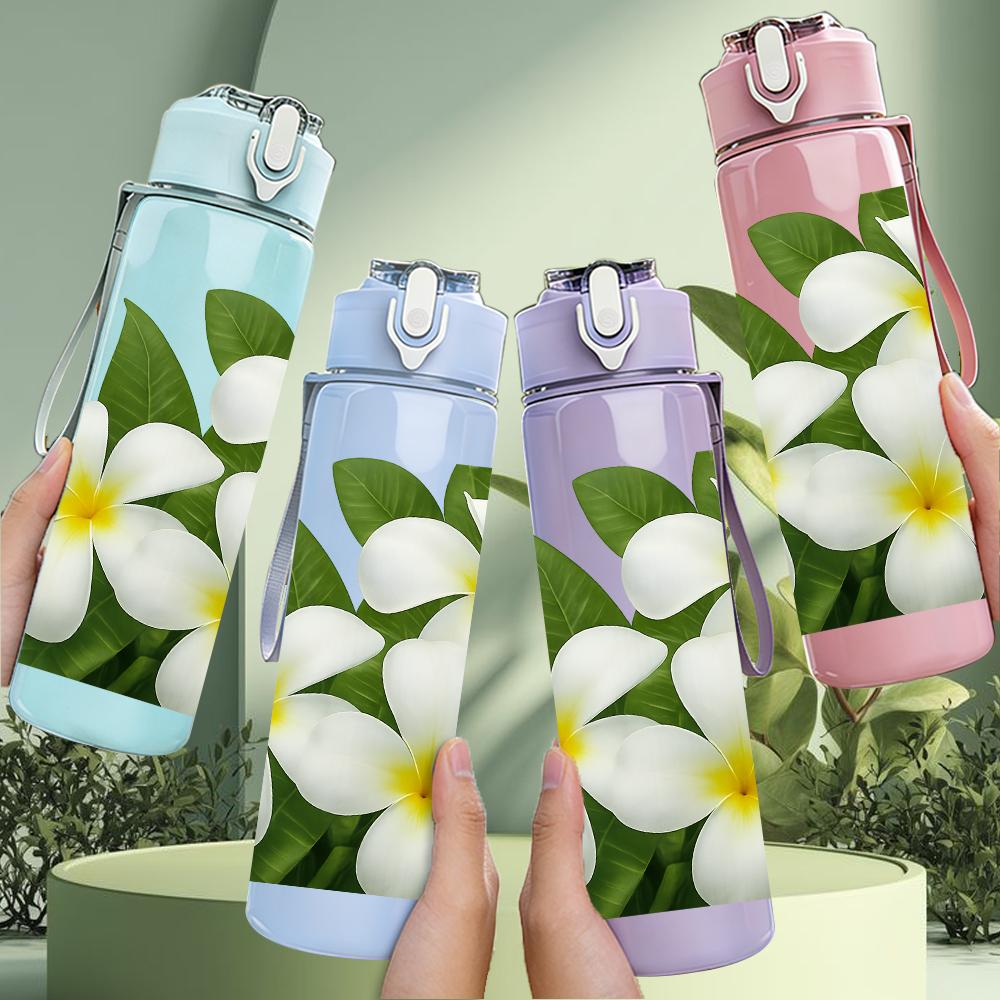 1PC White Plumeria Flower Bloom 750ml Color Plastic Sports Water Bottle Leakproof Flip Straw Lid For Sports Office Home Use