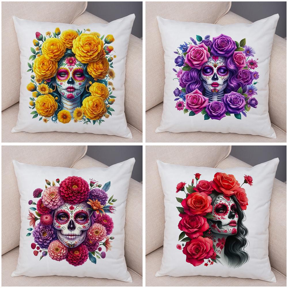 Vibrant Dahlia Sugar Skull Pillowcase Double Print Red Rose Skull Cushion Cover Soft Plush Pastel Floral Skull Pillowe Case