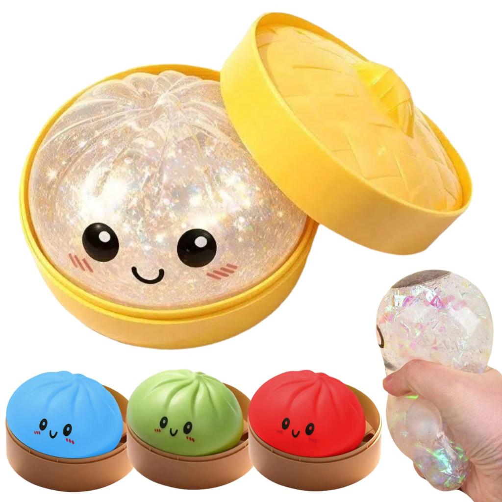 Simulation Baozi Dumpling Squishy Toy,With Steamer Box,Colorful Glitter Dumpling Slow Rising Stretchy Toy Anti-Anxiety Gift