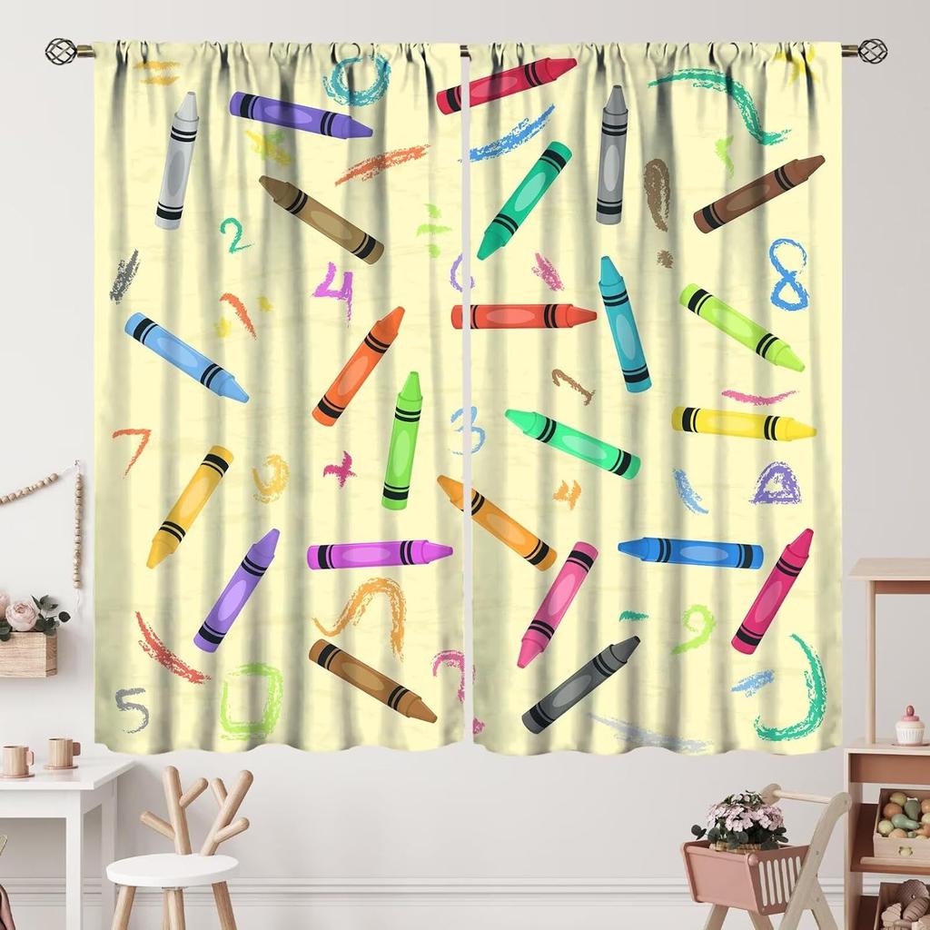 Kids Cartoon Pencil Curtains Colorful Crayons Art Printed School Curtain Nursery Bedroom Living Room Home Polyester With Rod Pocket Washable Sitting
