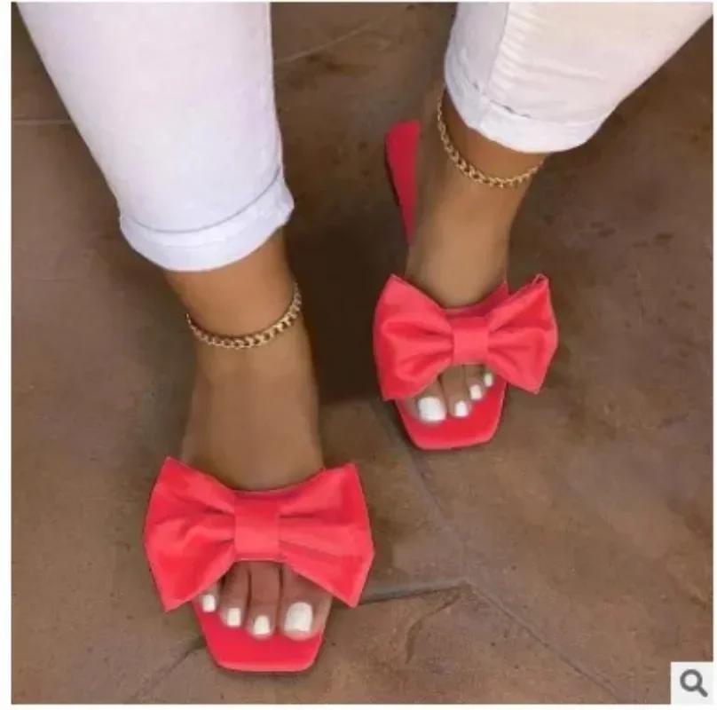Fashion Shoes for Women Fashion Summer Plus Size Solid Color Bow Flat Sandals Outdoor Beach Slippers Women Shoes 36-43 Women Sandals