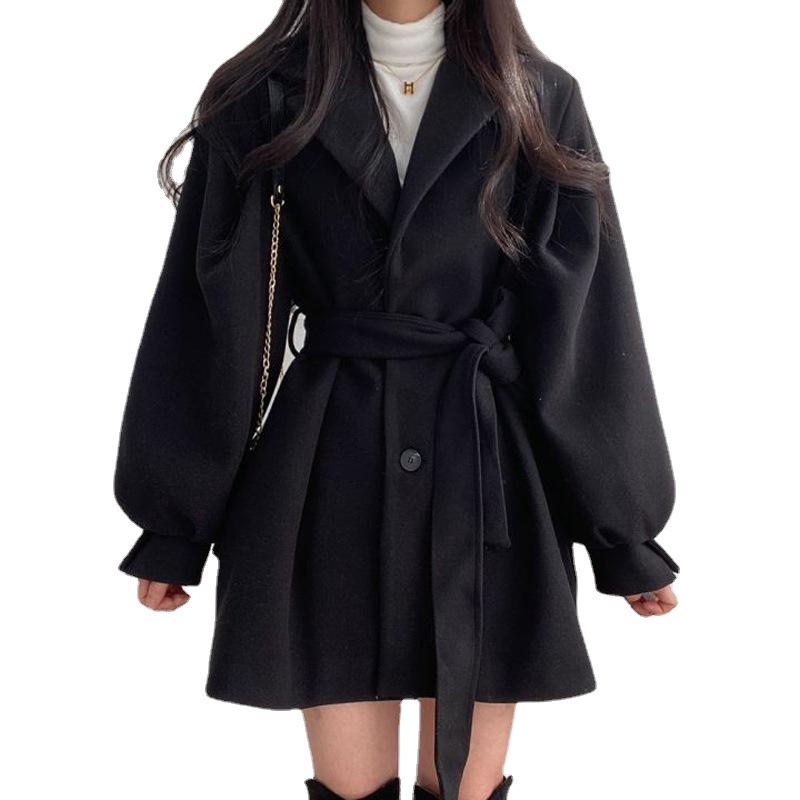 "Hepburn Style Women's Wool Coat: Korean Autumn/Winter, Strap Design, Suit Collar, Medium-Long"