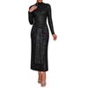 Women's High-neck Long-sleeved Sequined Dress with Gathered Pleats, Fitted At The Waist and Long In Length, for A Party Occasion.