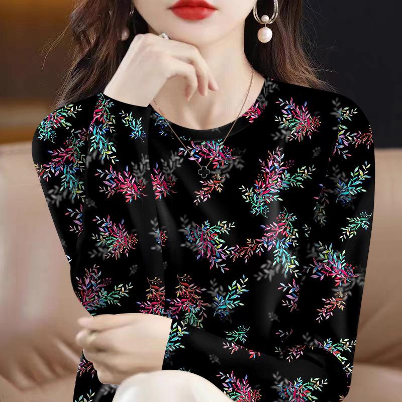 

Women s Versatile Floral Print Long-Sleeve Round Neck T-Shirt for Autumn/Winter, Milk Silk Base Layer. L (90-105 jin)