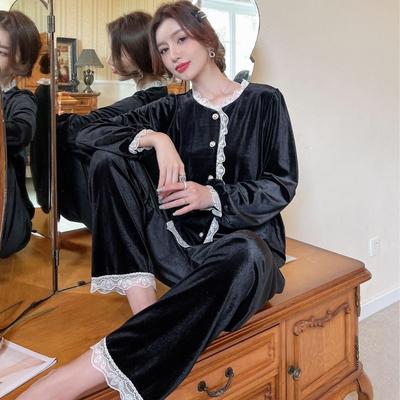 Conjunto de Pijama de Terciopelo de Lujo para Mujer Otoño – Cárdigan de Encaje de Manga Larga, Conjunto de Dos Piezas para el Hogar Adecuado para Interiores y Exteriores