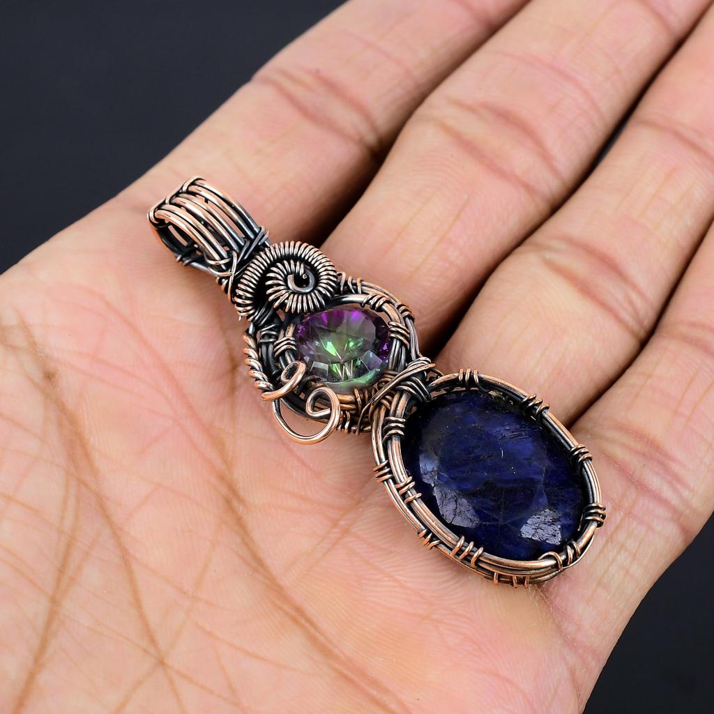 Blue Sapphire Pendant, Handmade Gemstone Pendant, 999 Copper Wire Wrapped Pendant Antique Jewelry, For Engagement Gift