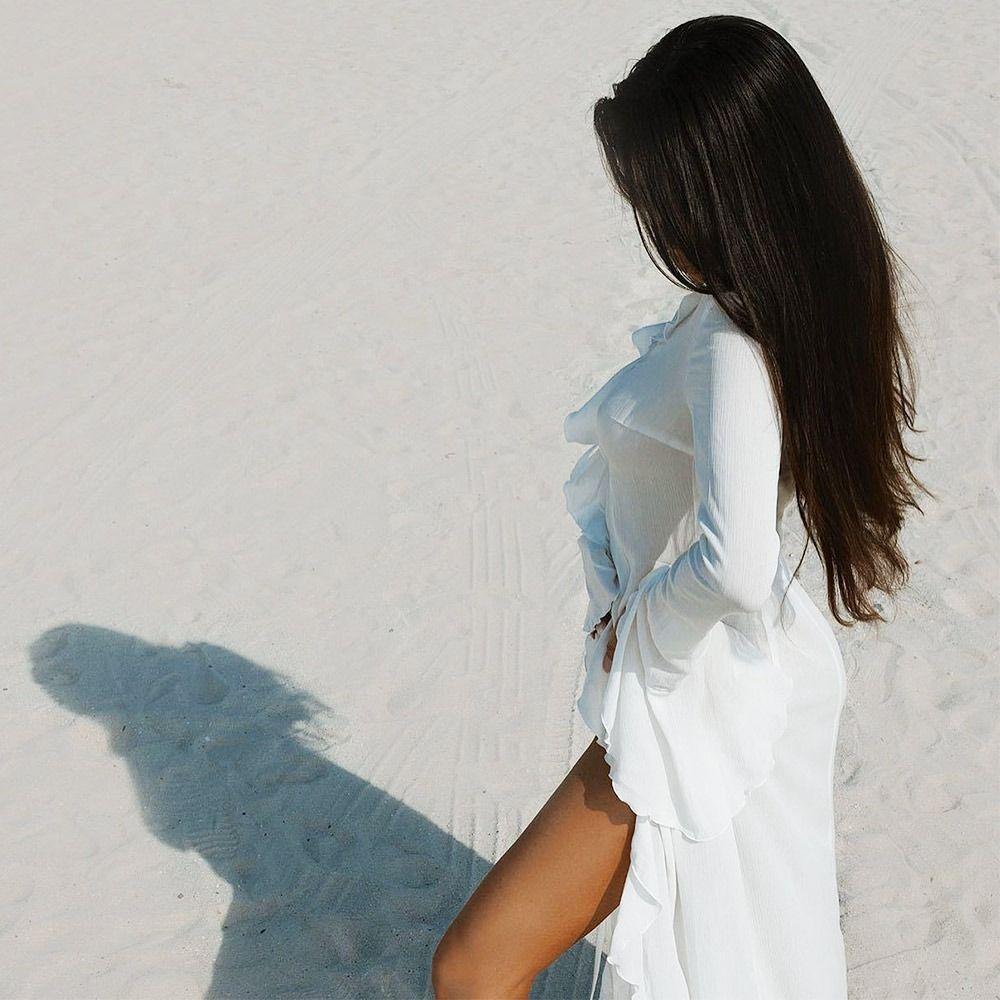 Long Sleeve Summer Beach Cover Up Ruffled Bikini Sunscreen Smock Fashion Beach Dress  for Women