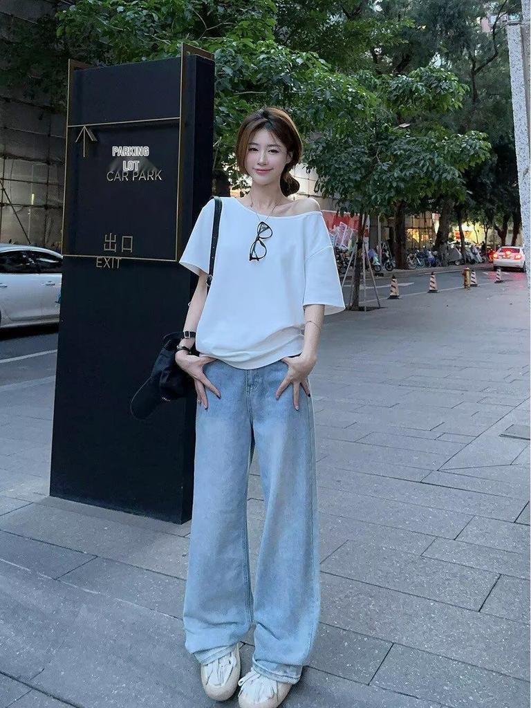 Spicy Girl Asymmetrical Neck Short-Sleeve T-Shirt - Women's Summer 2025 Korean Style Loose Slimming Top