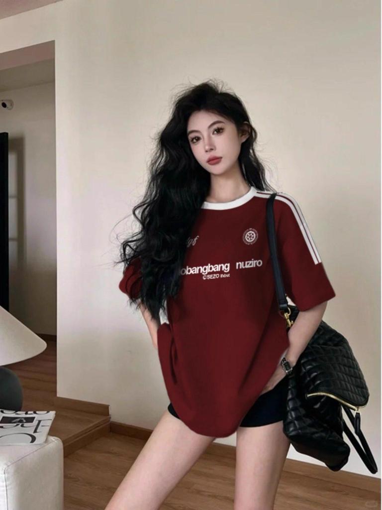 Women's Plus Size Retro Wine Red Patchwork Cotton Raglan T-shirt - Slimming, Short Sleeve, Loose Fit for Summer