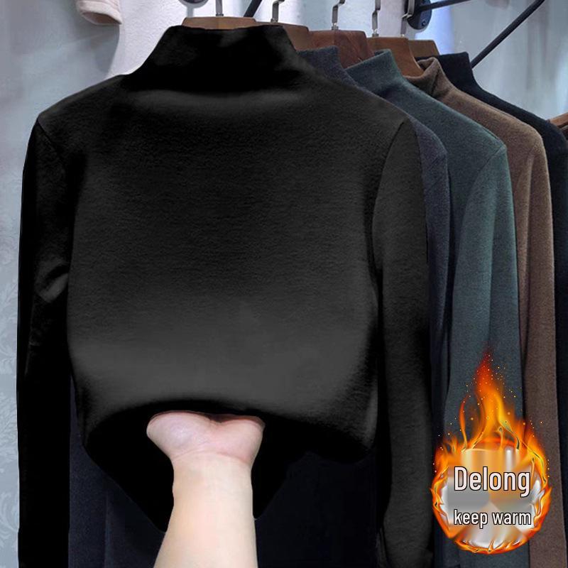 Women's Slim Fit High Neck Plush Long Sleeve T-Shirt - Autumn/Winter Versatile Base Layer