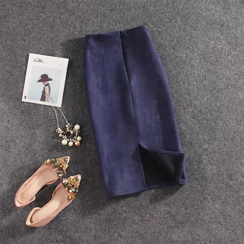 Autumn Winter High Waist Bodycon Vintage Suede Split Thick Stretchy Skirts Women Skirts Suede Solid Color Pencil Skirt