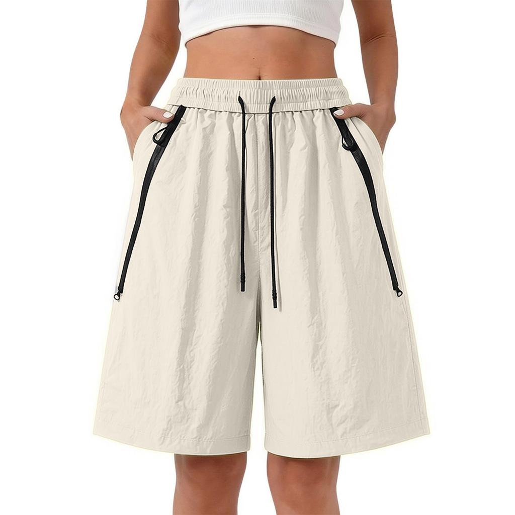 Women Loose Fit Casual Five-Point Shorts Quick-Dry Breathable Lightweight Cargo Pants with Adjustable Waistband and Zipper Pockets