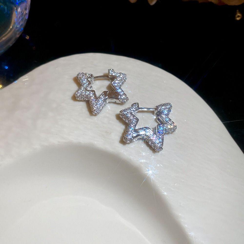 Silver Rhinestone Earrings Zinc Zinc Alloy Hoop Ear Buckle Vintage Hollow Pentagram Earring  Party