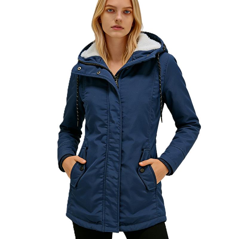 Women's Hooded Cotton Jacket with Plush Lining - Medium Long Style for Autumn/Winter
