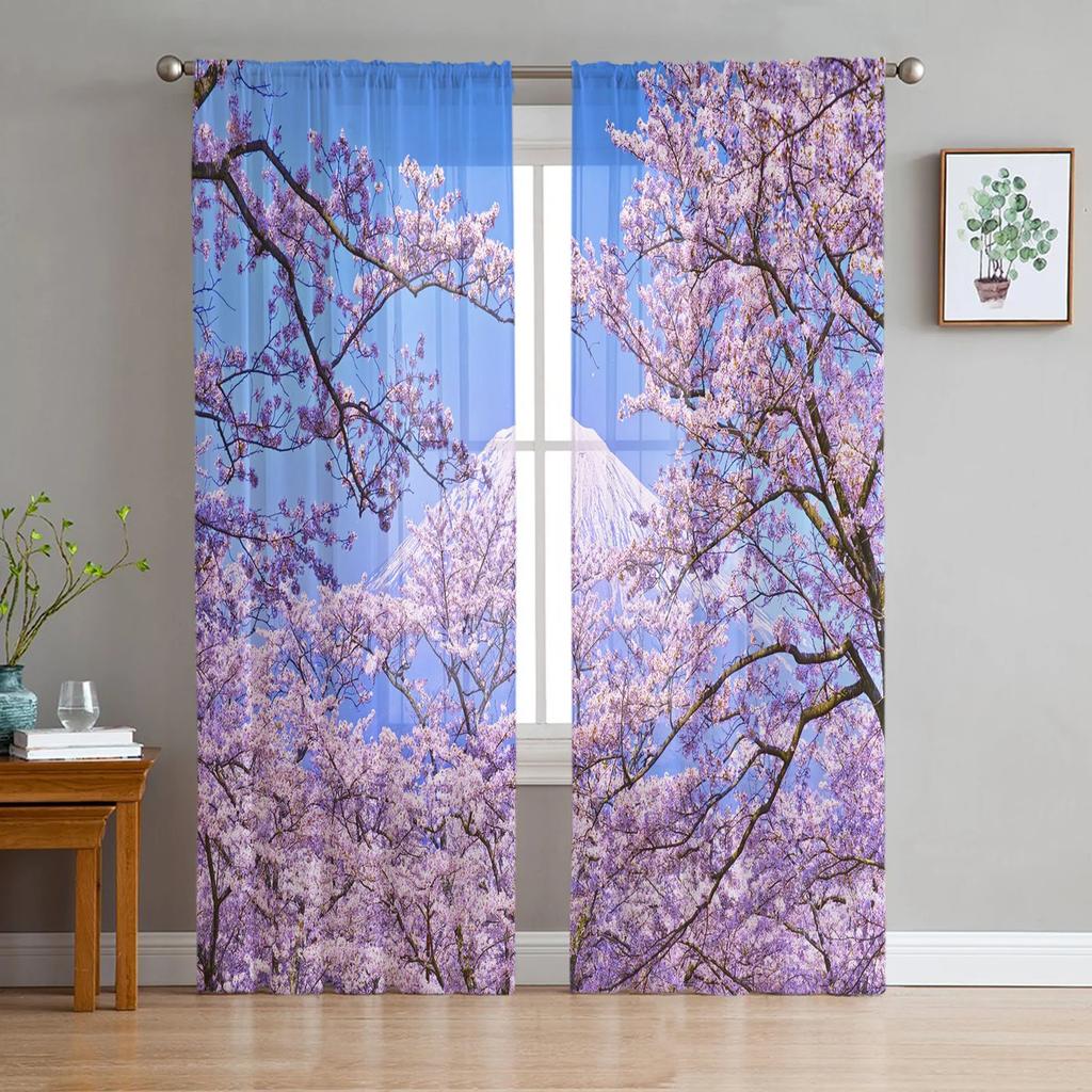 Watercolor Pink Cherry Blossom Ink Chiffon Sheer Curtains for Living Room Bedroom Decoration Window Voiles Tulle Curtain Drapes