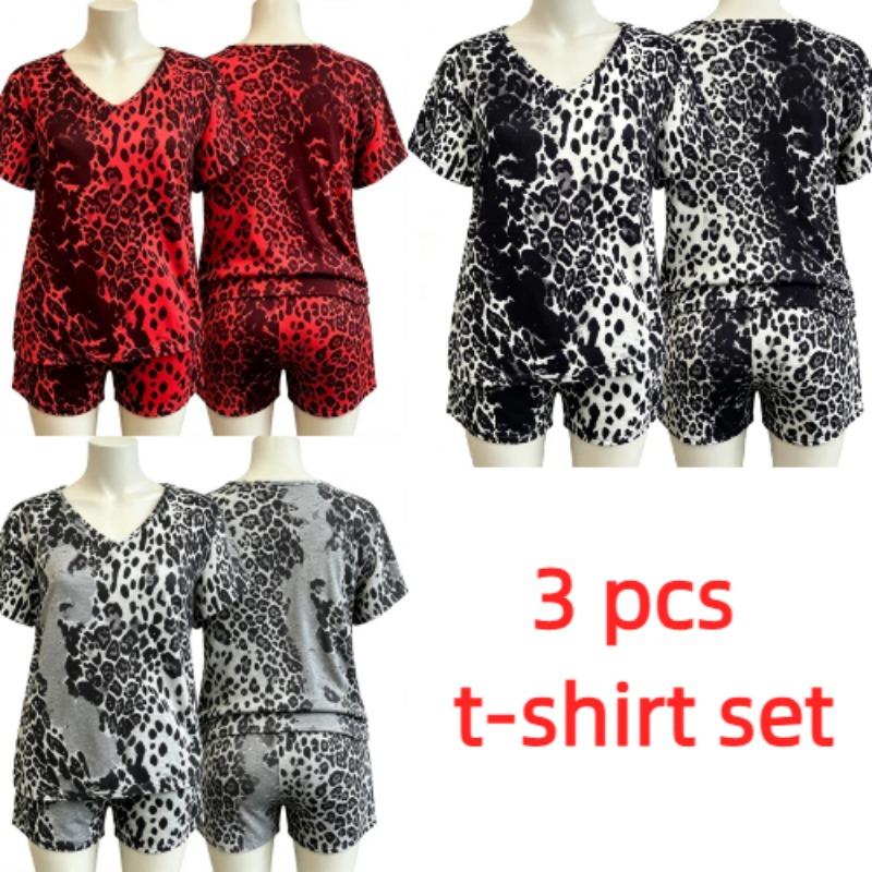 Summer European Streets Leopard Style Printed V-Neck Short Sleeved T-Shirt And Shorts Set Women's and Men's T-shirt Shorts Set