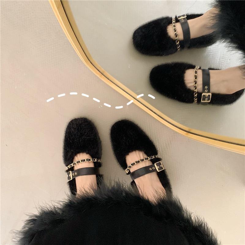 Designer Autumn Women Comfortable Warm Fur Shoes Fashion Shallow Slip on Ladies Flats Shoes Round Toe Women's Mary Jane Shoes