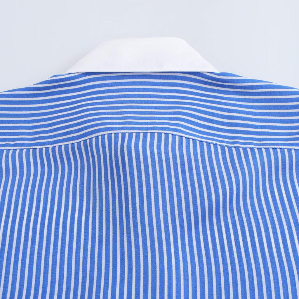 Color Block Striped Faux Silk Long Sleeve Shirt - European & American Style