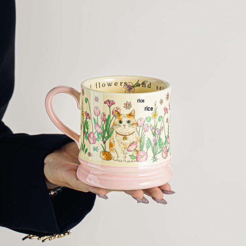 OLOEY Retro Floral Cat Ceramic Mug