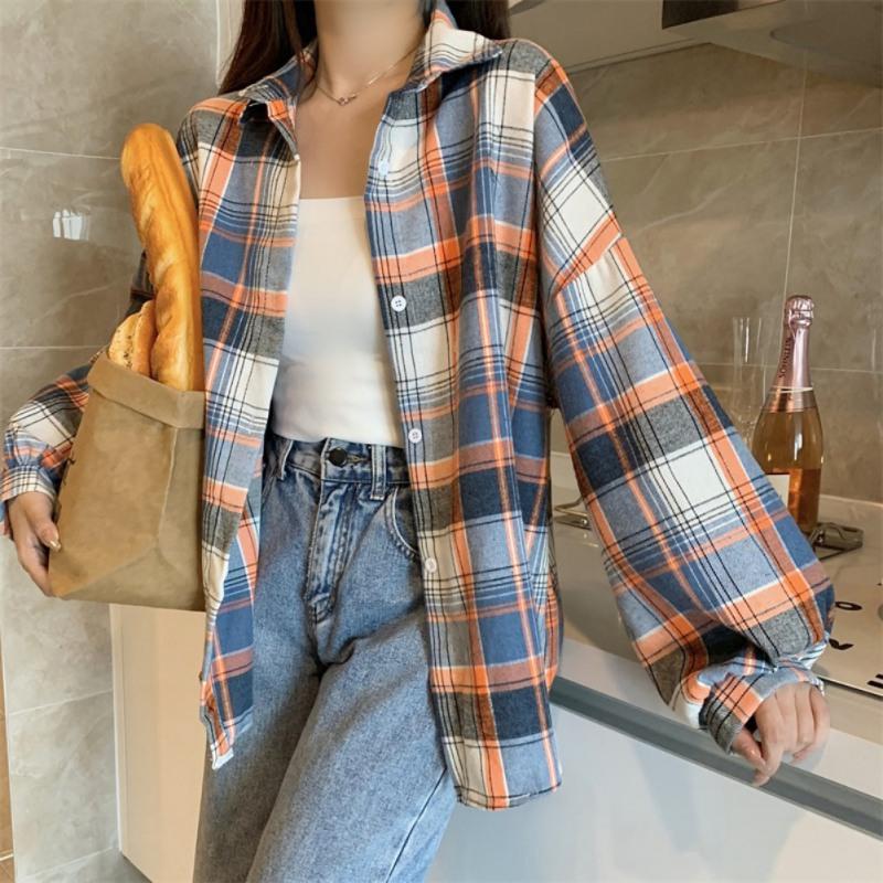 Women Summer Long Loose Shirt Falling Shoulder Long Sleeve Lapel Plaid Shirt