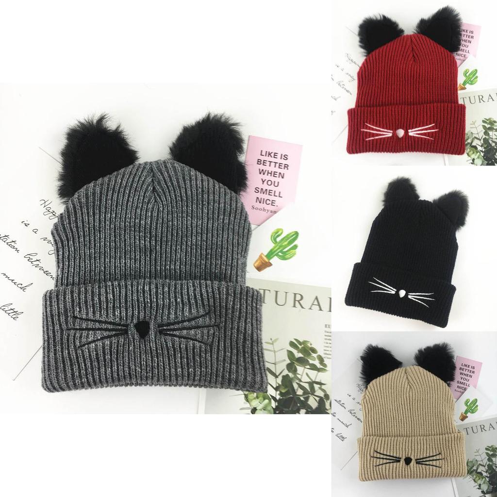 Premium Cat Ears Women Hat Knitted Acrylic Warm Winter Beanie Caps For Gift Giving
