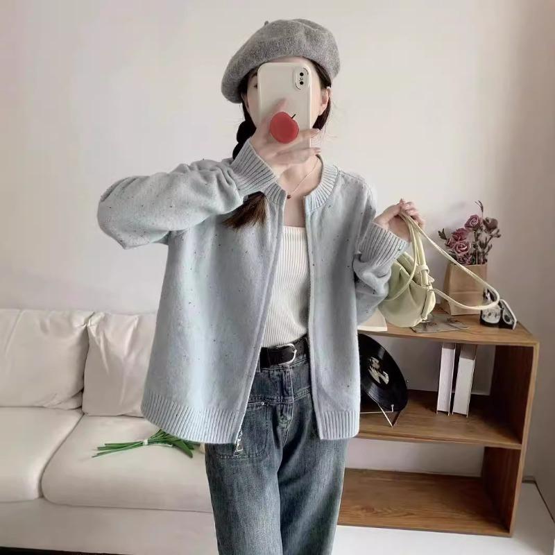 Simple double-ended zipper color dot sweater autumn and winter new women's clothing atmosphere knitted cardigan sweater jacket