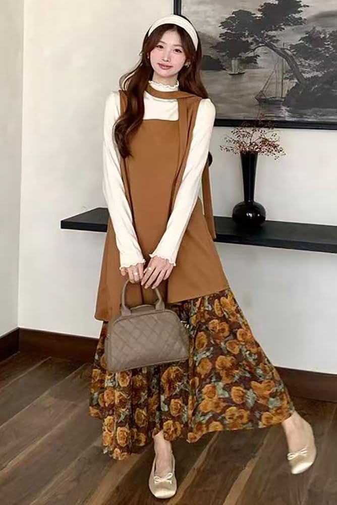 Chubikime Long Dress with Floral Faux Layered Loose and Ribbon Stylish and Feminine for and Women's Two-Piece Print, Design, A-Line, Fit, Detail.