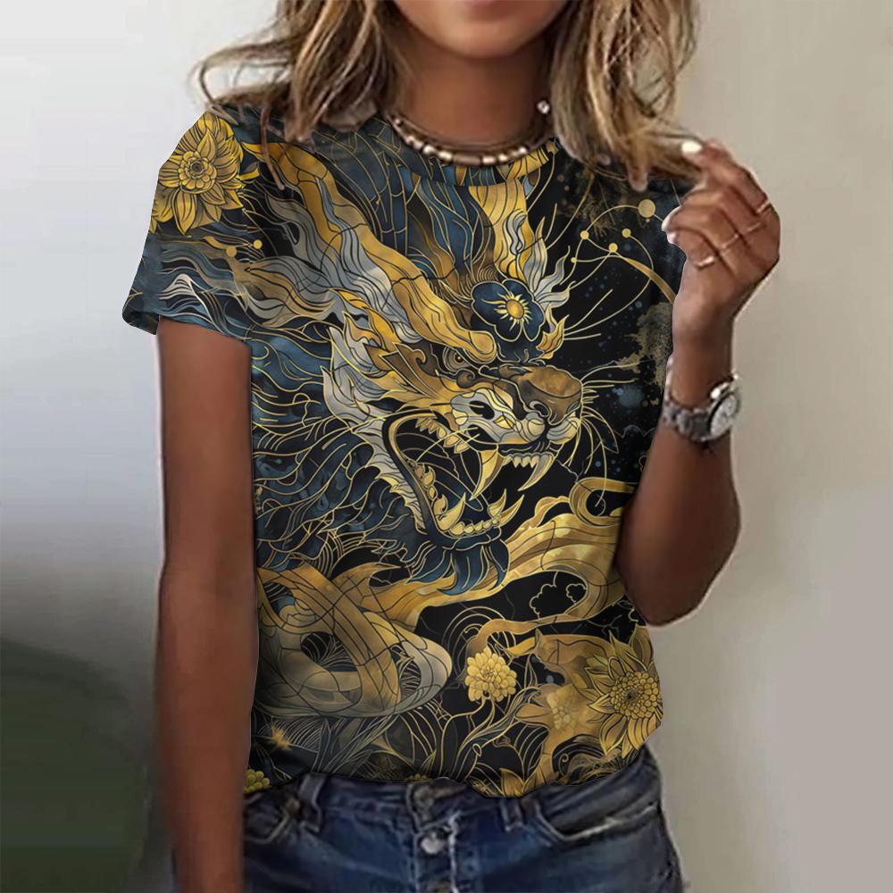 Fashionable 3d Printed Landscape Animal Style Summer Round Neck Short Sleeved Top T-Shirt Casual Versatile Loose Oversized Women