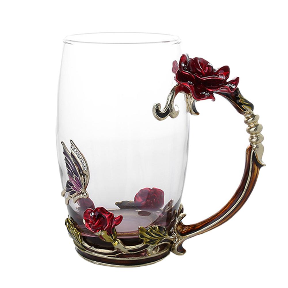 Rose Flower Cup Enamel Water Cup Heat-resistant Glass Cup Enamel Coffee Tea Cup Mug 3D Rose Butterfly Glass Cups Wedding Gift