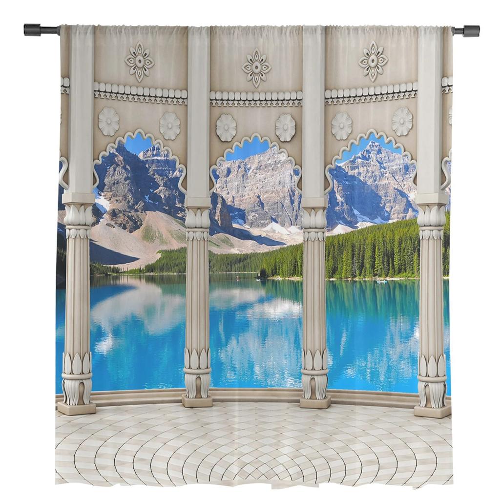 Lake Snow Mountain Forest Chiffon Sheer Curtains For Living Room Home Decoration Window Voile Tulle Curtain Drapes