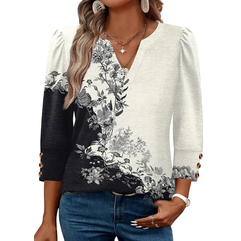 Women's Fashion Casual V Neck Loose Fit Three Quarter Sleeve Top Floral Print Lightweight Blouse Button Detail