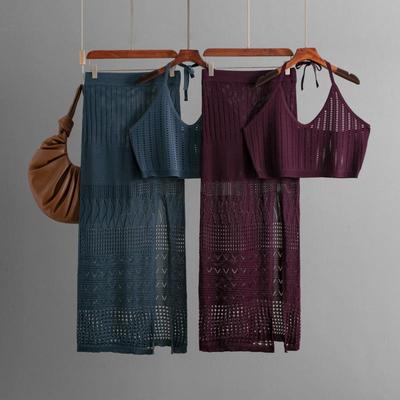 Women's Summer Short Vest Top Two-piece Set With High Waist And Slimming Effect Hollowed Out Slit Waist And Hip Hugging Skirt