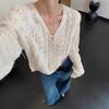 White V-neck Hollow Knitted Cardigan Coat Sweater Women's Thin Spring and Autumn Top