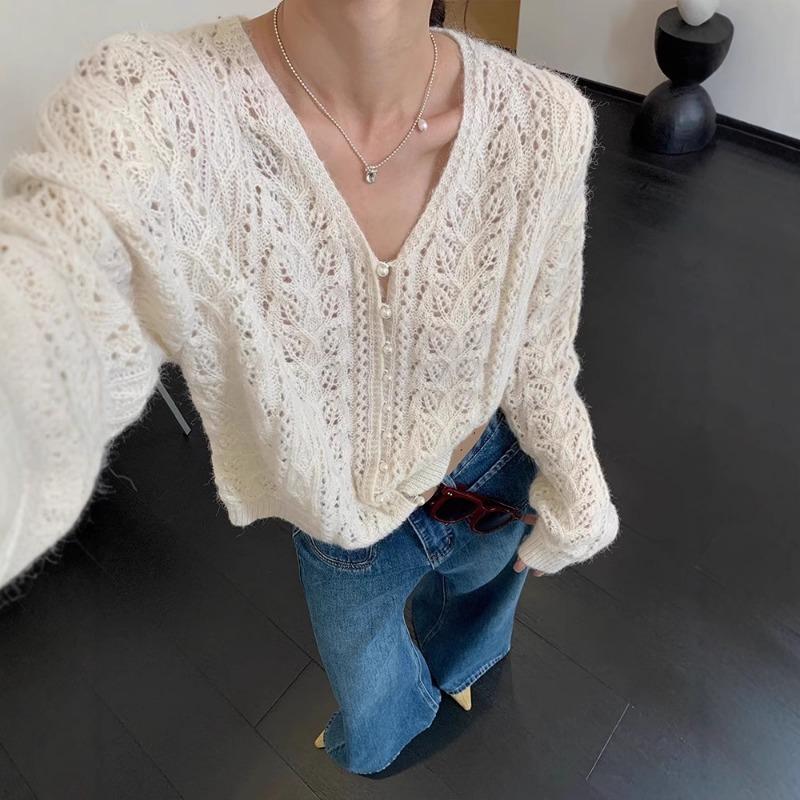 White V-neck Hollow Knitted Cardigan Coat Sweater Women's Thin Spring and Autumn Top