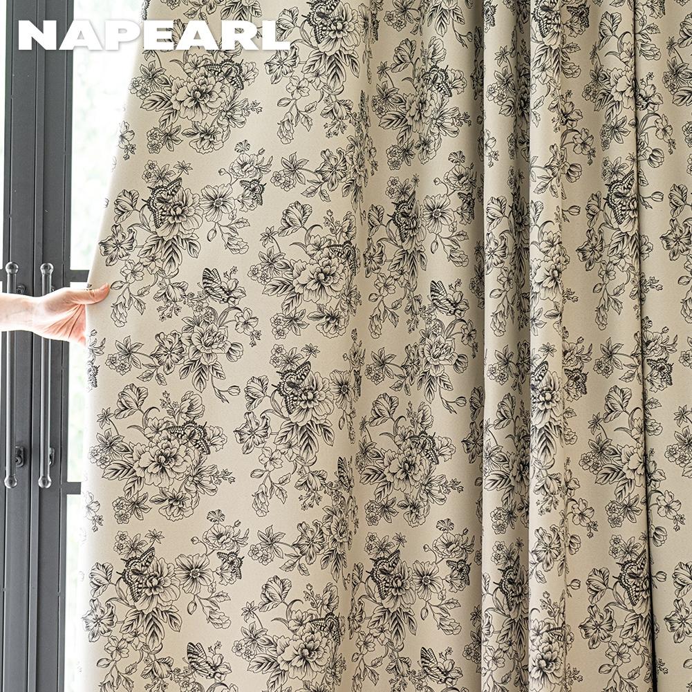 1PC NAPEARL French Retro Sketch Flower Curtain with  Aesthetic Blackout Window Treatments for Bedroom Living Room Home Decor