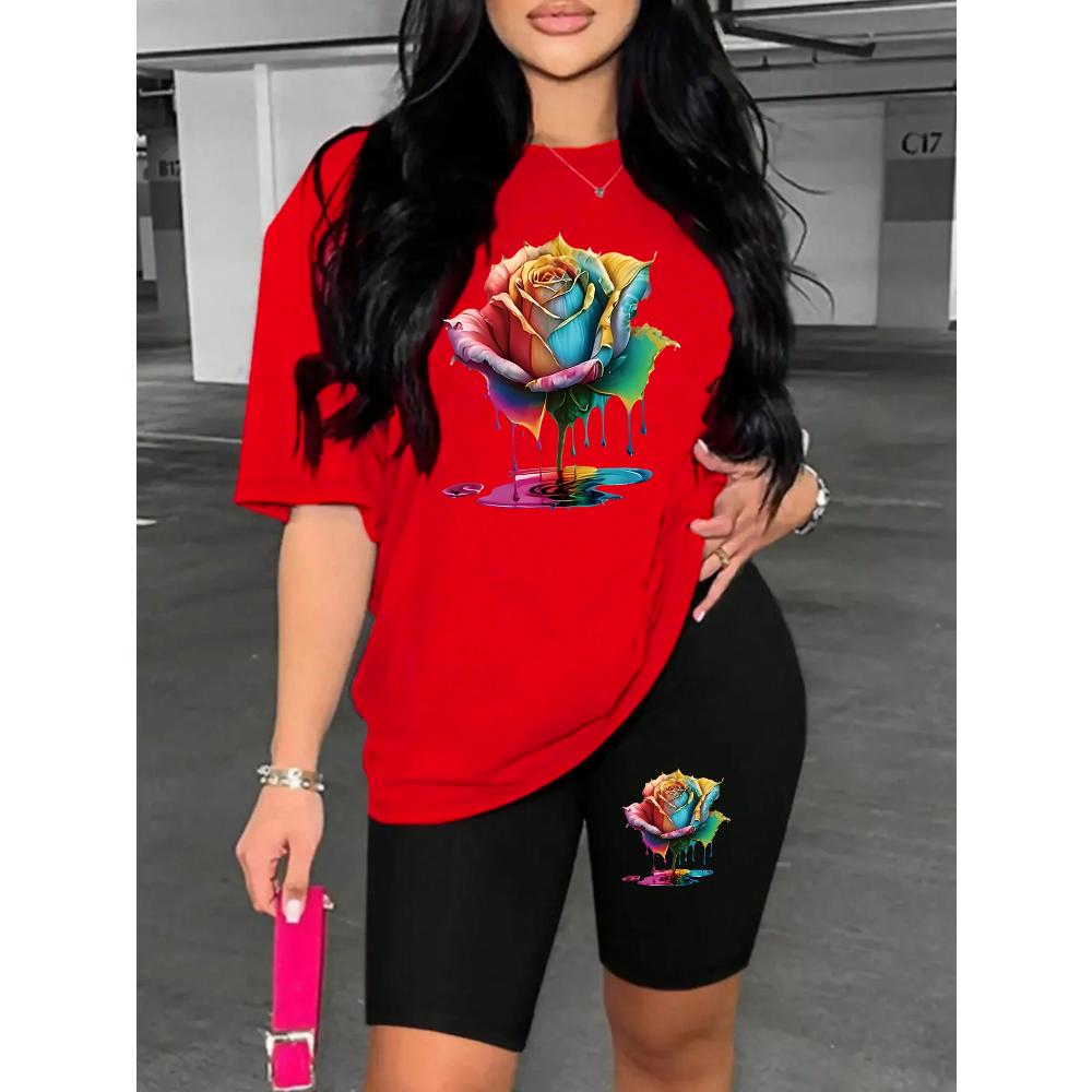 2025 Buntes und schönes Kurzarm-T-Shirt mit Rosendruck, vielseitige Damenbekleidung im klassischen Stil