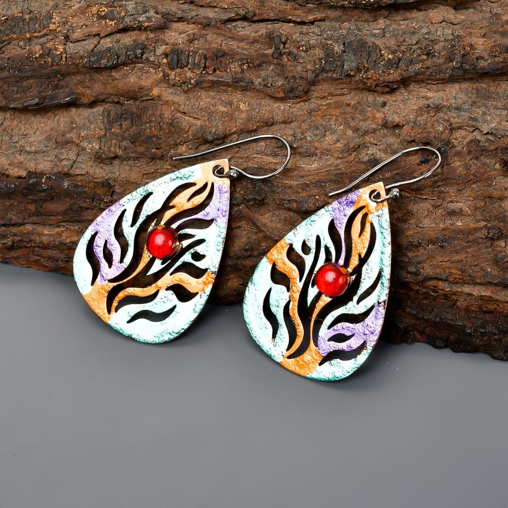 January Red Garnet Stone Silver Finish Multi Electroformed Drop Earrings Jewelry V-98