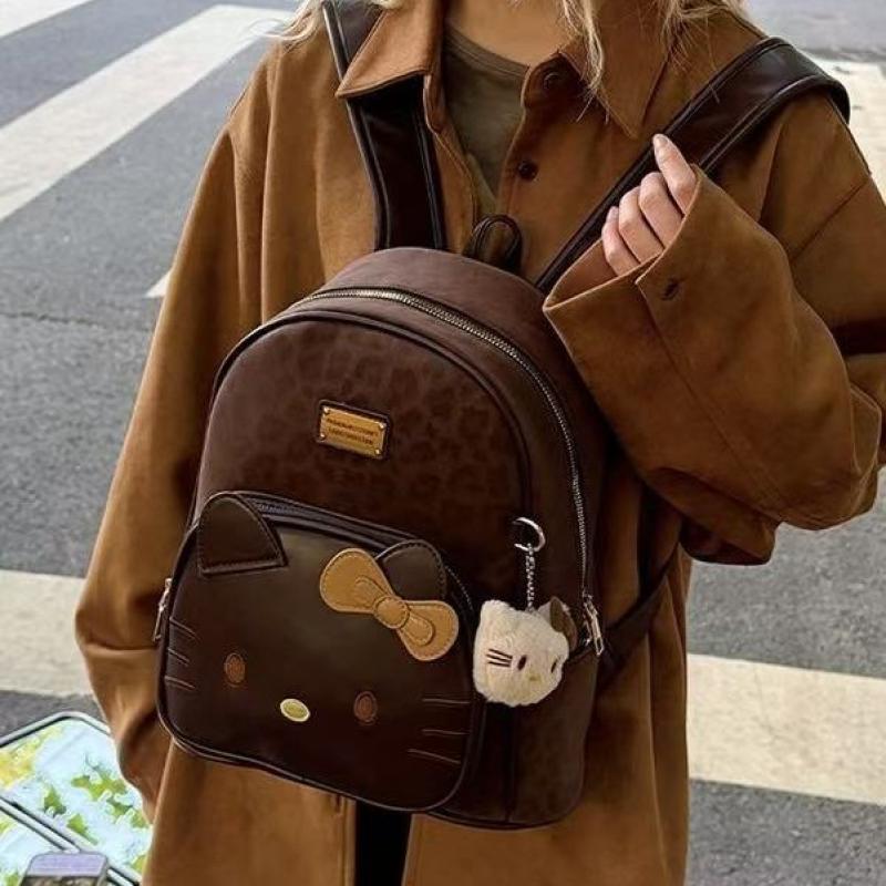 Vintage Plecak Hello Kitty w Panterkę dla Kobiet, PU Studentska Torba Szkolna, Urocza Kreskówkowa Torba na Ramię, Duża Pojemność Modny Plecak