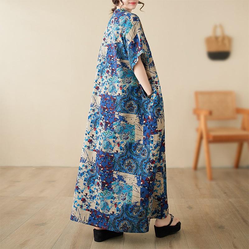 Short Sleeve Plus Size Cotton Vintage Floral New In Dresses for Women Casual Loose Long Summer Dress