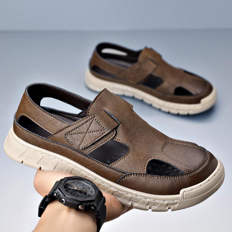 Baotou leather sandals men's beach shoes 2025 summer new Roman hollow fashion men's shoes