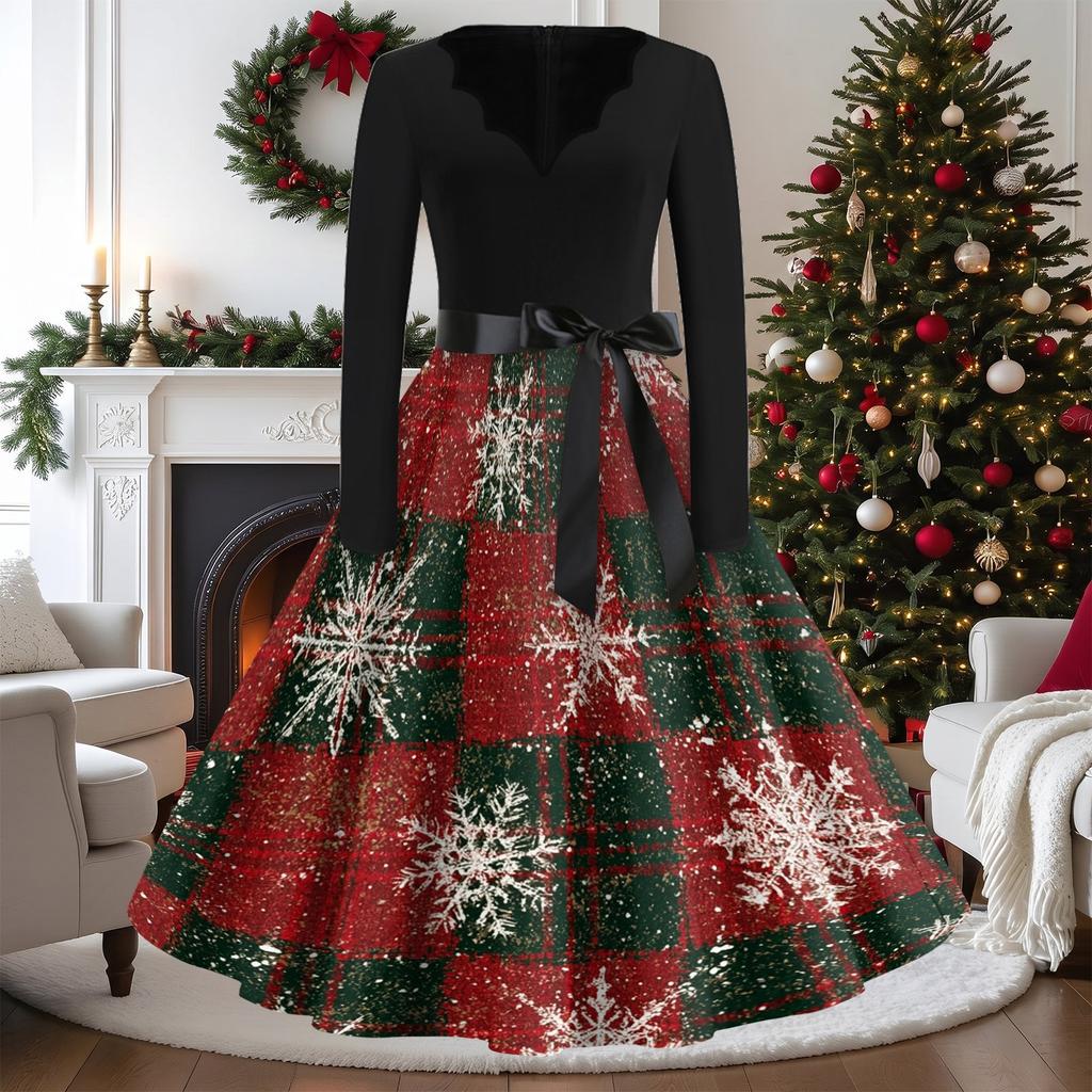 Women's Vintage V-Neck Long Sleeve Christmas Print Casual Dress