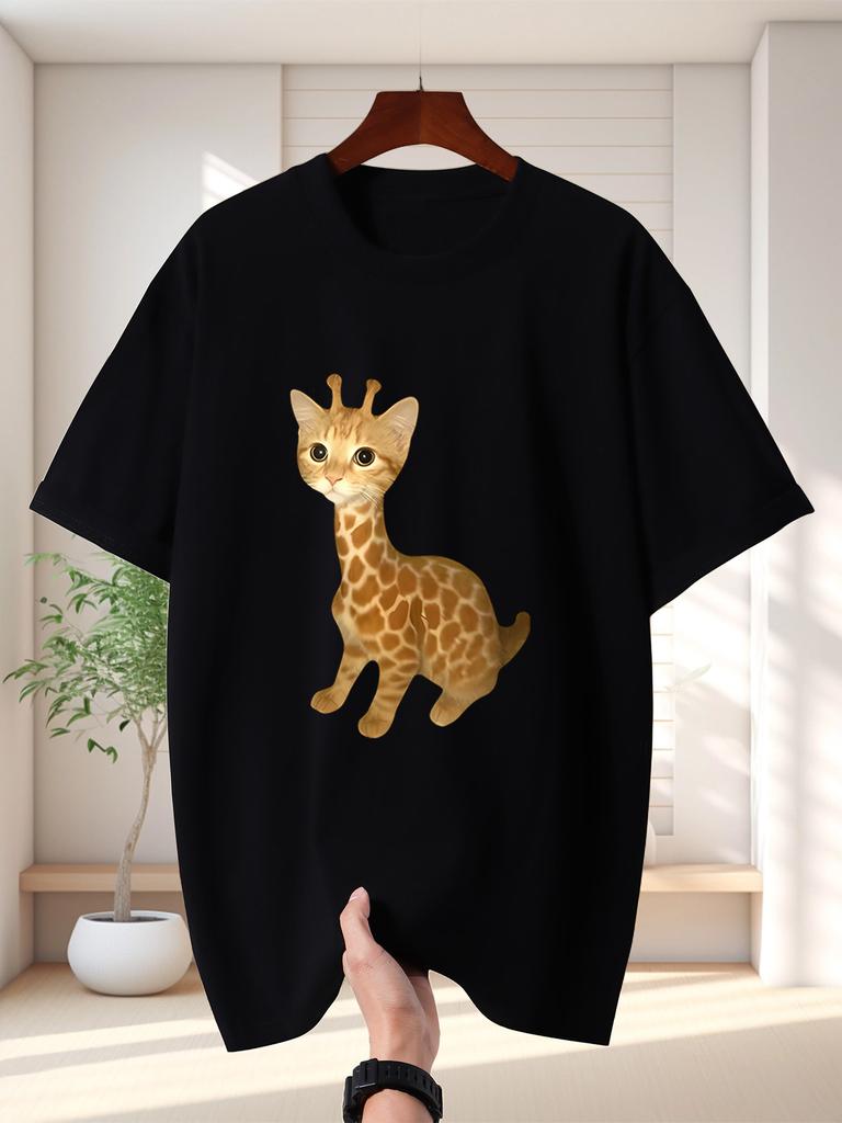 Cute Giraffe Cat Hybrid Unisexs Crew Neck T Shirt Fantasy Creature Graphic Short Sleeve Tee Animal Lover Casual Male Street Tops