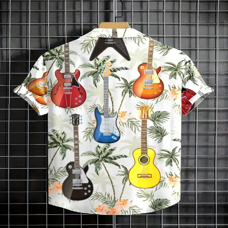 Frühlings- und Sommer-Herrenmode Hemd mit modischem Kragenmuster und kurzen Ärmeln, gepaart mit modischem Gitarrenprint, geeignet für Sommer- und Freizeitkleidung