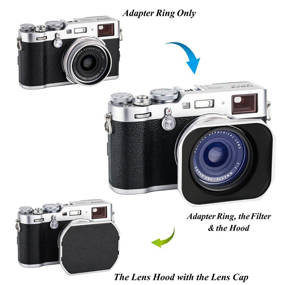 JJC Metal Square Lens Hood + Hood Cap & 49mm Thread Adapter Ring for Fujifilm X100VI, X100V, X100F, X100T, X100S, X100, X70, LH-X100 & AR-X100, Silver